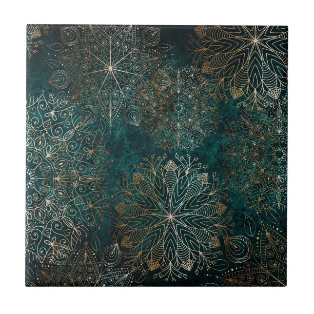 Elegantes Gold und Aquamarines Mandala-Muster Fliese (Vorderseite)