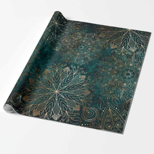 Elegantes Gold und Aquamarines Mandala-Muster Geschenkpapier (Ungerollt)