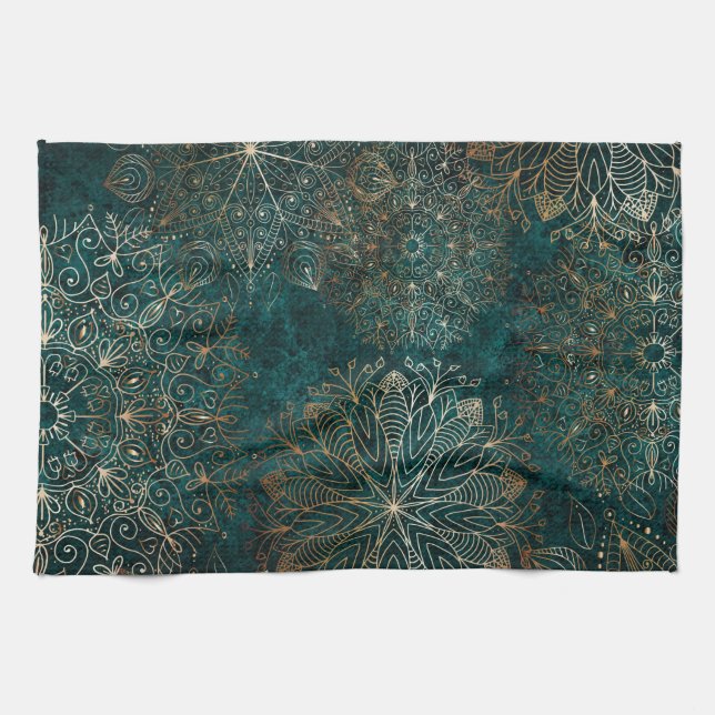 Elegantes Gold und Aquamarines Mandala-Muster Geschirrtuch (Horizontal)