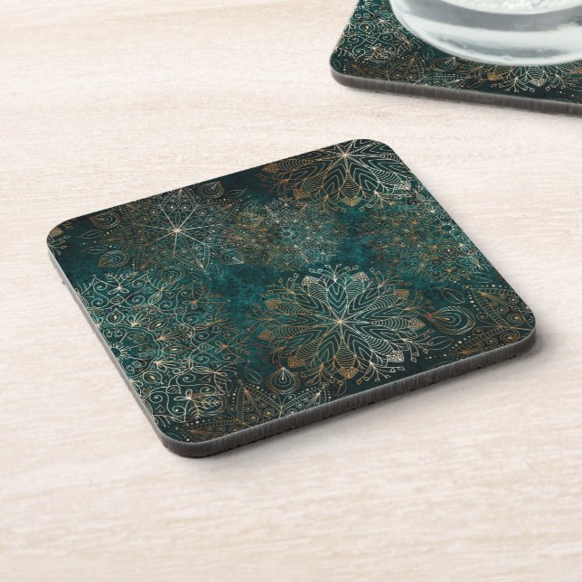 Elegantes Gold und Aquamarines Mandala-Muster Getränkeuntersetzer (Linke Seite)