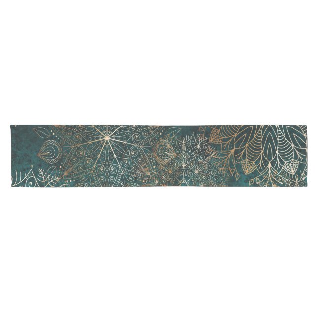Elegantes Gold und Aquamarines Mandala-Muster Kurzer Tischläufer (Horizontal)
