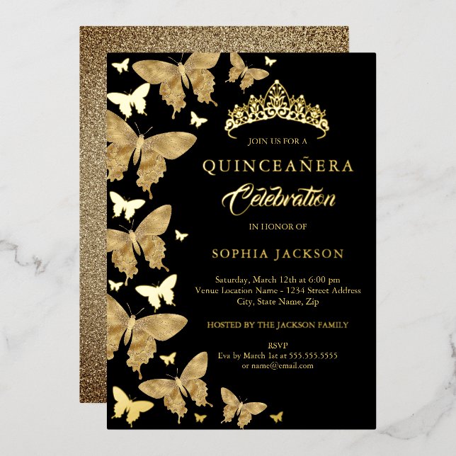 Elegantes Gold und Black Butterfly Quinceanera Folieneinladung (Vorderseite/Rückseite)