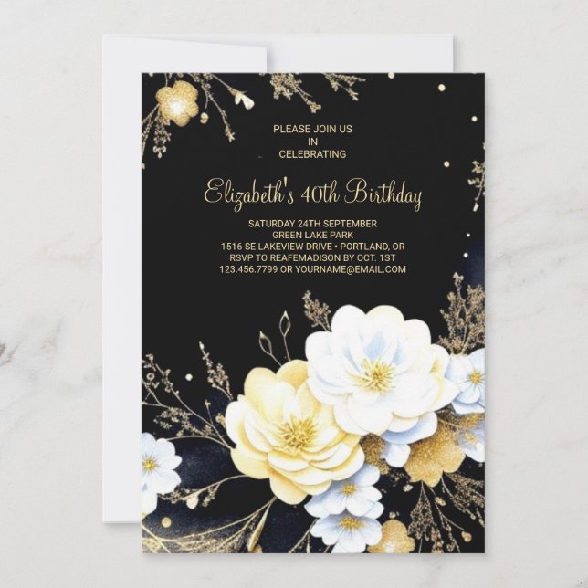 Elegantes Gold und Black Online 40. Geburtstag Einladung (Vorderseite)