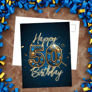 Elegantes Gold und Blau-Edelstein 50. Geburtstag Postkarte