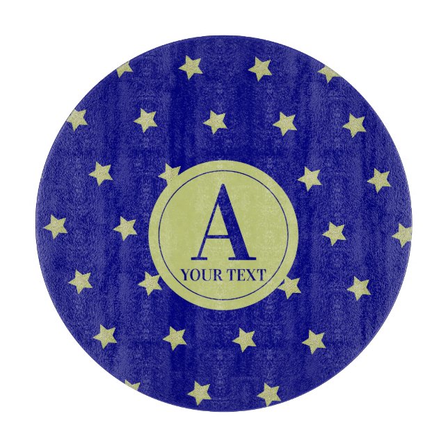 Elegantes Gold- und Blauster-Muster-Monogramm Schneidebrett (Vorderseite)