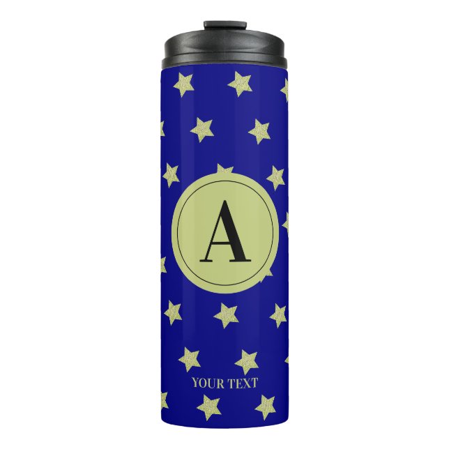 Elegantes Gold- und Blauster-Muster-Monogramm Thermosbecher (Vorderseite)