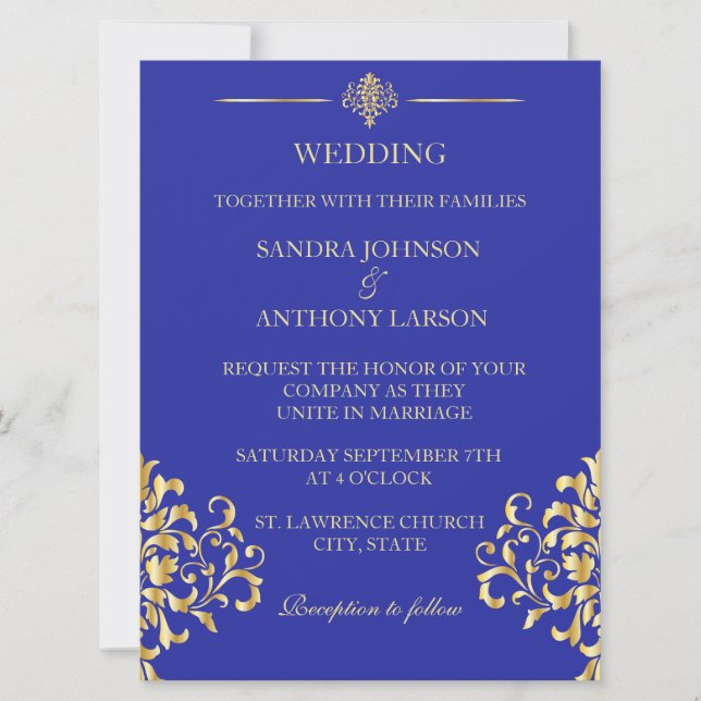 Elegantes Gold und Blue Damask Einladung (Vorderseite)