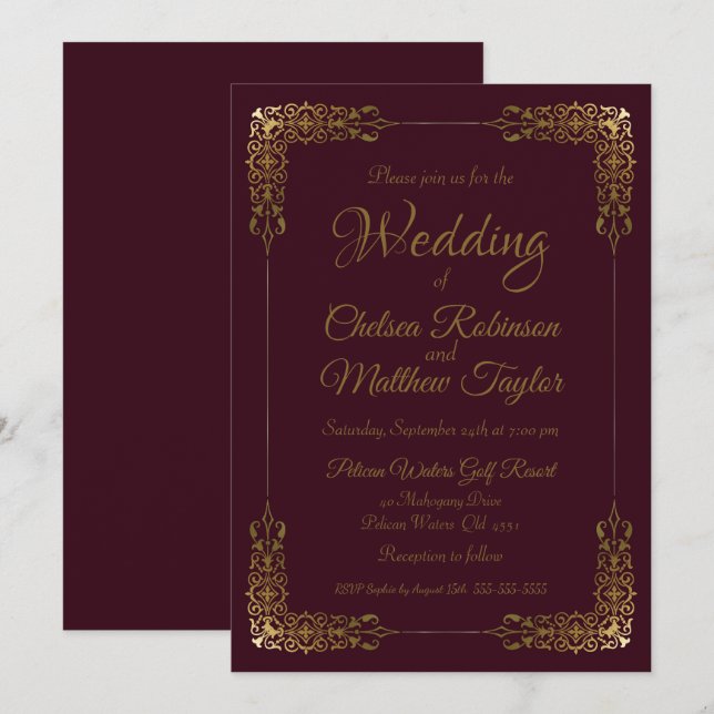 Elegantes Gold und Burgund Lace Hochzeit Einladung (Vorne/Hinten)