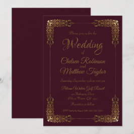 Elegantes Gold und Burgund Lace Hochzeit Einladung