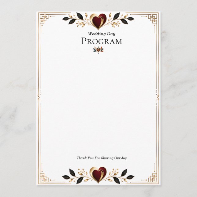 Elegantes Gold- und Burgunder-Herz-Hochzeitsprogra Programm (Vorderseite)