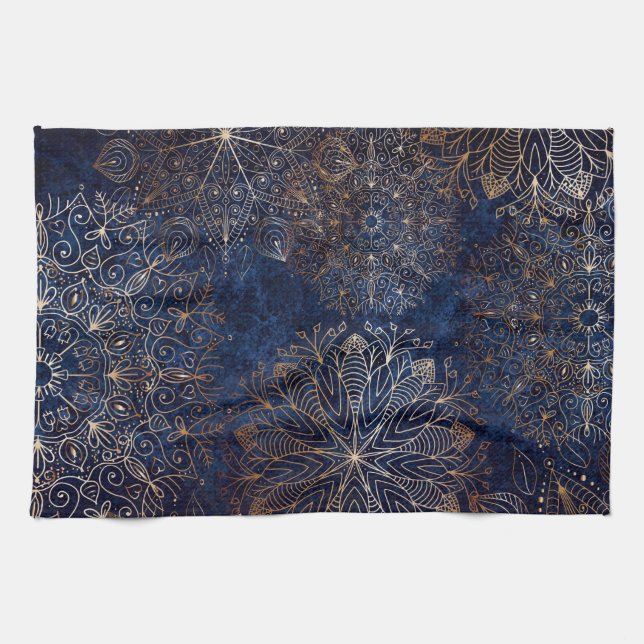 Elegantes Gold- und Dark Blue Floral Mandala Muste Geschirrtuch (Horizontal)