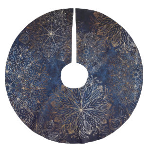 Elegantes Gold- und Dark Blue Floral Mandala Muste Polyester Weihnachtsbaumdecke