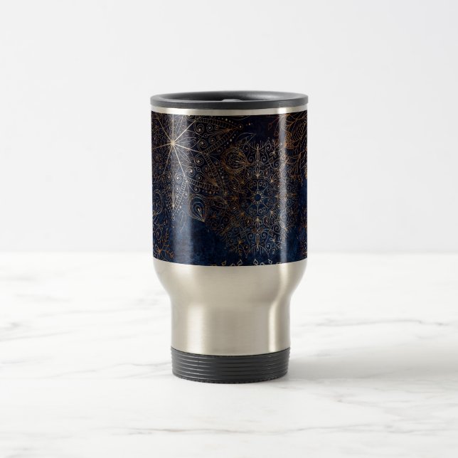 Elegantes Gold- und Dark Blue Floral Mandala Muste Reisebecher (Mittel)