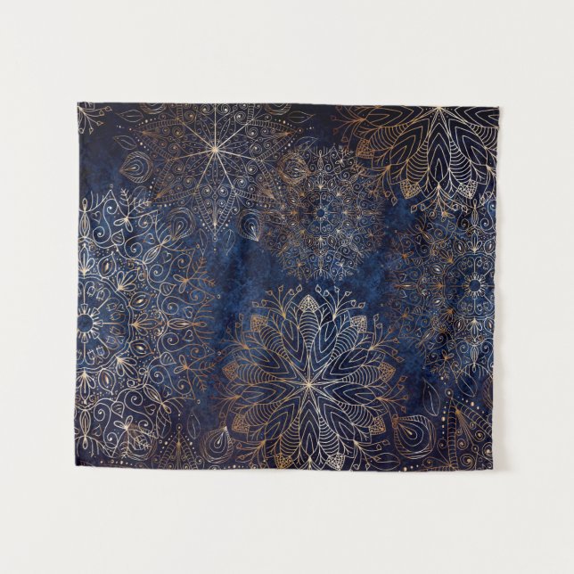 Elegantes Gold- und Dark Blue Floral Mandala Muste Wandteppich (Vorderseite (Horizontal))