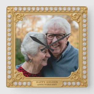 Elegantes Gold- und Diamantenen 50. Hochzeitsjubil Quadratische Wanduhr