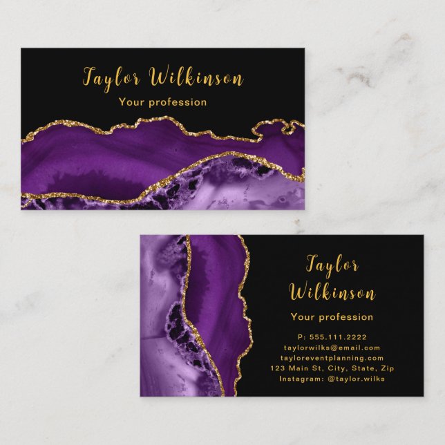 Elegantes Gold und dunkles Lila Agate Visitenkarte (Vorne/Hinten)