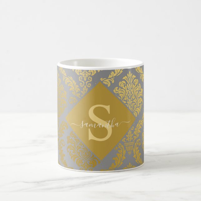 Elegantes Gold und Gray Damask Personalisiert Kaffeetasse (Mittel)