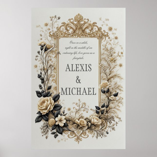 Elegantes Gold und Gray Floral Poster (Vorne)