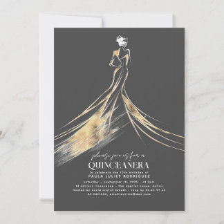 Elegantes Gold und Gray QUINCEAÑERA Einladung
