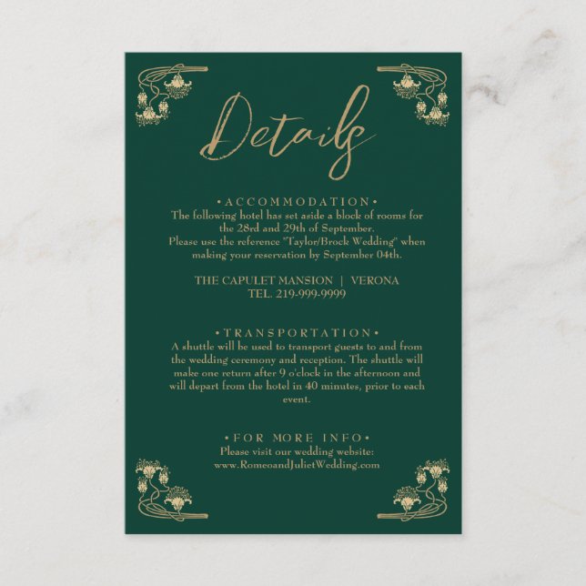 Elegantes Gold und Grün Art Deco Begleitkarte (Vorderseite)