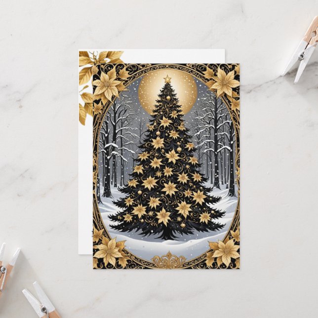 Elegantes Gold und grüner Weihnachtsbaum Einladung (Vorderseite/Rückseite Beispiel)
