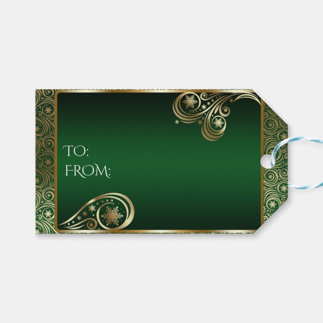 Elegantes Gold und grünes Schneeflocken Geschenkanhänger (Vorderseite (Horizontal))