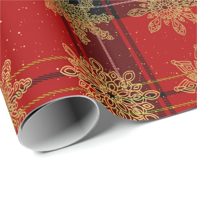 Elegantes Gold- und Kariertes Schneeflockenmuster Geschenkpapier (Rolleneckpunkt)