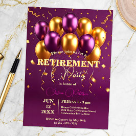 Elegantes Gold und Lila Balloons Rente Party Einladung
