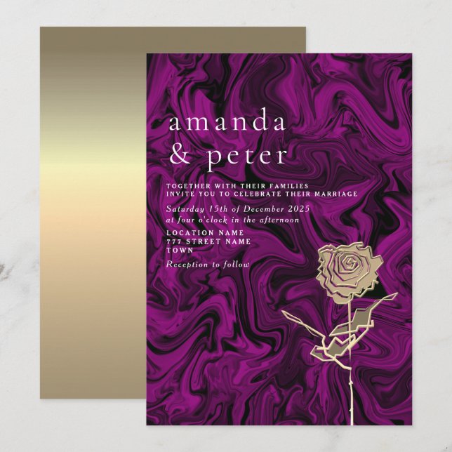 Elegantes Gold und Lila Einladung zur Hochzeit (Vorne/Hinten)