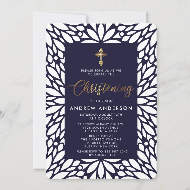 Elegantes Gold- und Navy Blue Boy Christening Einladung (Vorderseite)
