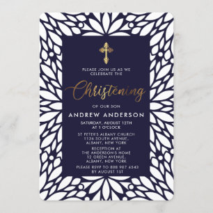 Elegantes Gold- und Navy Blue Boy Christening Einladung