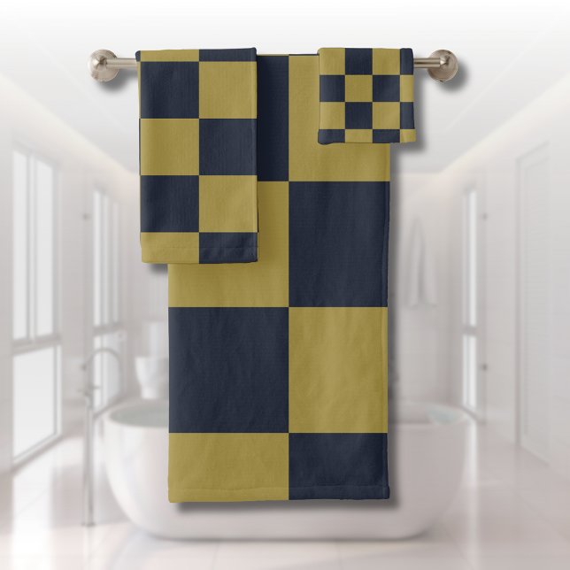 Elegantes Gold- und Navy-Blue-Checkered-Muster Badhandtuch Set (Von Creator hochgeladen)
