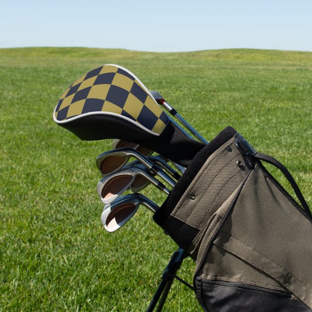 Elegantes Gold- und Navy-Blue-Checkered-Muster Golf Headcover (In SItu)