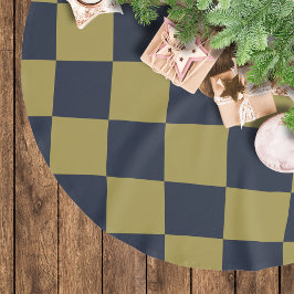 Elegantes Gold- und Navy-Blue-Checkered-Muster Polyester Weihnachtsbaumdecke