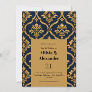Elegantes Gold- und Navy-Damaskus-Vintage-Musterde Save The Date