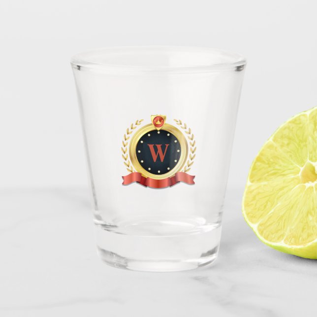 Elegantes Gold und Red Medallion mit Monogram Schnapsglas (Vorderseite)