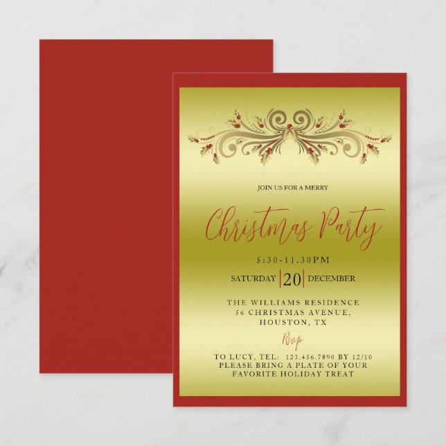 Elegantes Gold und Rot dekoratives Weihnachtsfest  Einladung (Vorne/Hinten)