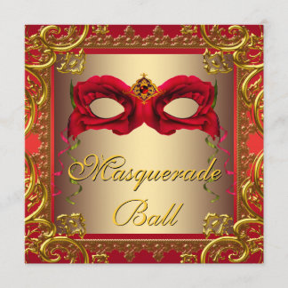 Elegantes Gold und Rote Masquerade Party Einladung