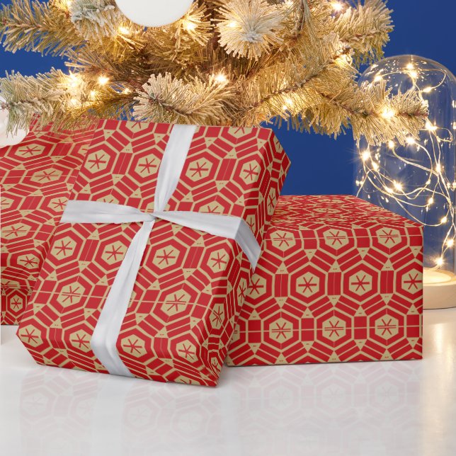 Elegantes Gold und rotes geometrisches sechseckige Geschenkpapier (Feiertage)