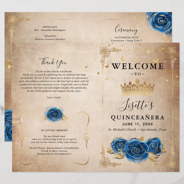 Elegantes Gold und Royal Blue Quinceanera Programm (Vorne/Hinten)