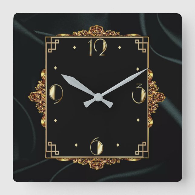 Elegantes Gold und Schwarz Quadratische Wanduhr (Vorderseite)