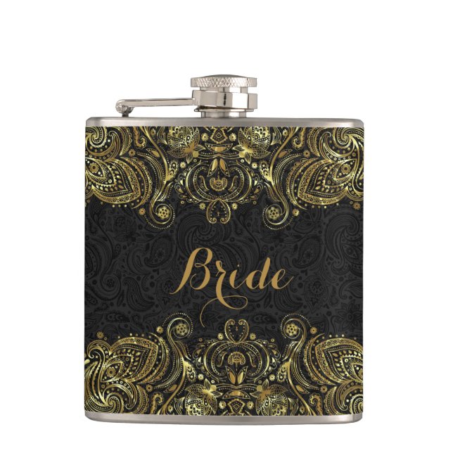 Elegantes Gold und schwarze Flora Paisley Lace Flachmann (Vorderseite)