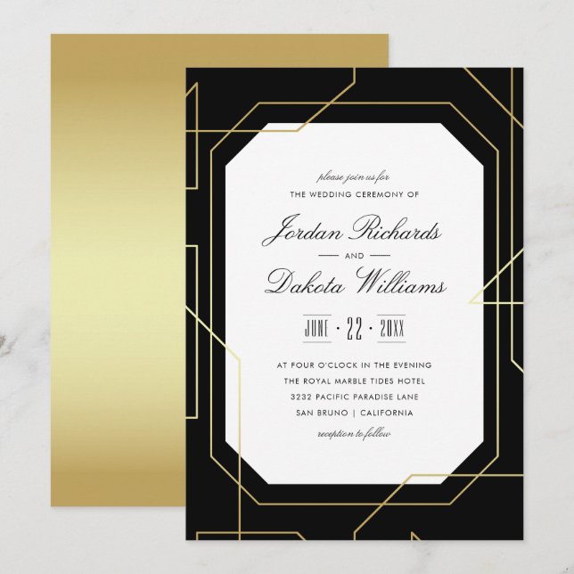 Elegantes Gold und Schwarze Geometrische Hochzeit Einladung (Vorne/Hinten)