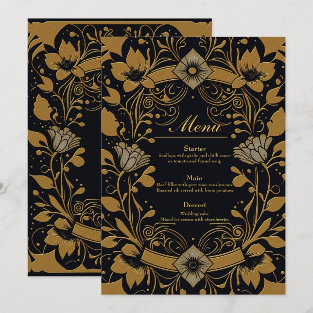 Elegantes Gold und schwarzes Design Menükarte (Vorne/Hinten)
