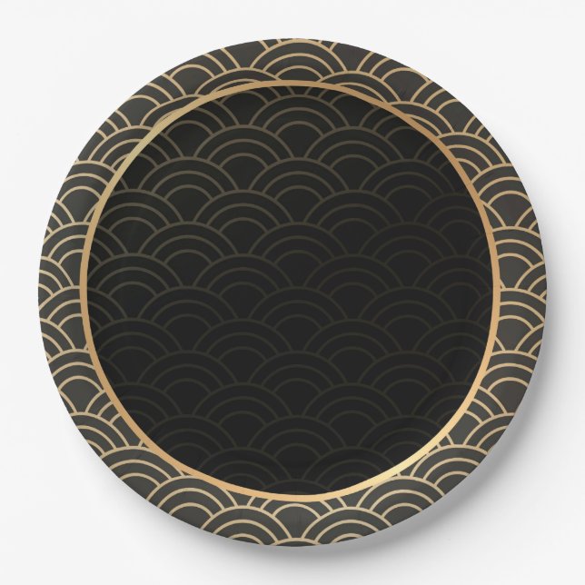 Elegantes Gold und schwarzes Muster Pappteller (Vorderseite)