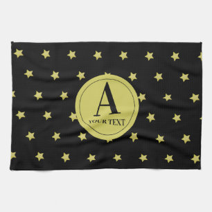 Elegantes Gold- und Schwarzes Sternmuster-Monogram Geschirrtuch
