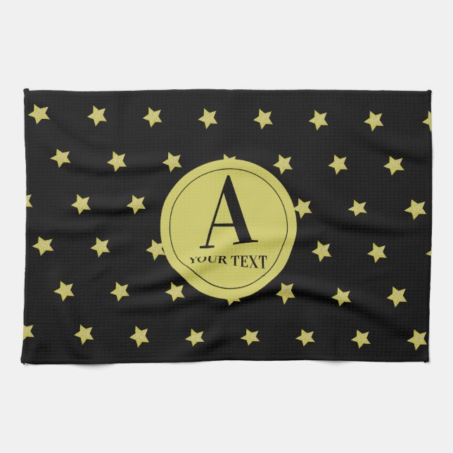 Elegantes Gold- und Schwarzes Sternmuster-Monogram Geschirrtuch (Horizontal)