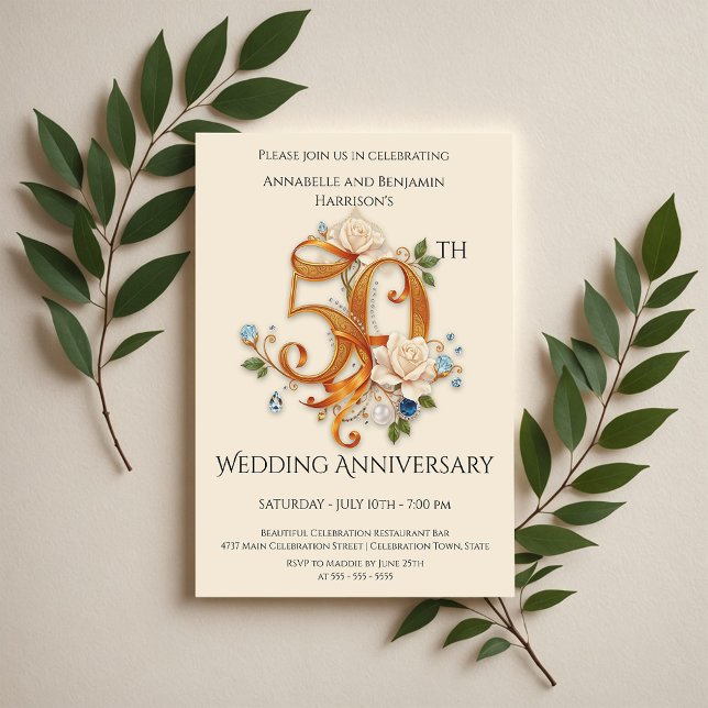 Elegantes Gold und Weiß 50 Jahre Hochzeit Einladung (Von Creator hochgeladen)