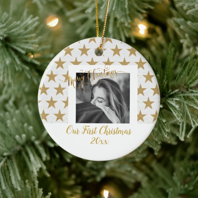 Elegantes Gold und Weiß Benutzerdefiniert Ihr Foto Keramik Ornament (Baum)