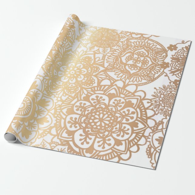 Elegantes Gold und Weiß Mandala Muster Geschenkpapier (Ungerollt)